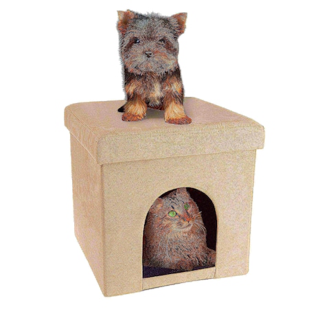 Pet Adobe Pet House Ottoman with Collapsible Multipurpose Bed and Footrest for Cat/Small Dogs (Microsuede Tan) 676140QYP